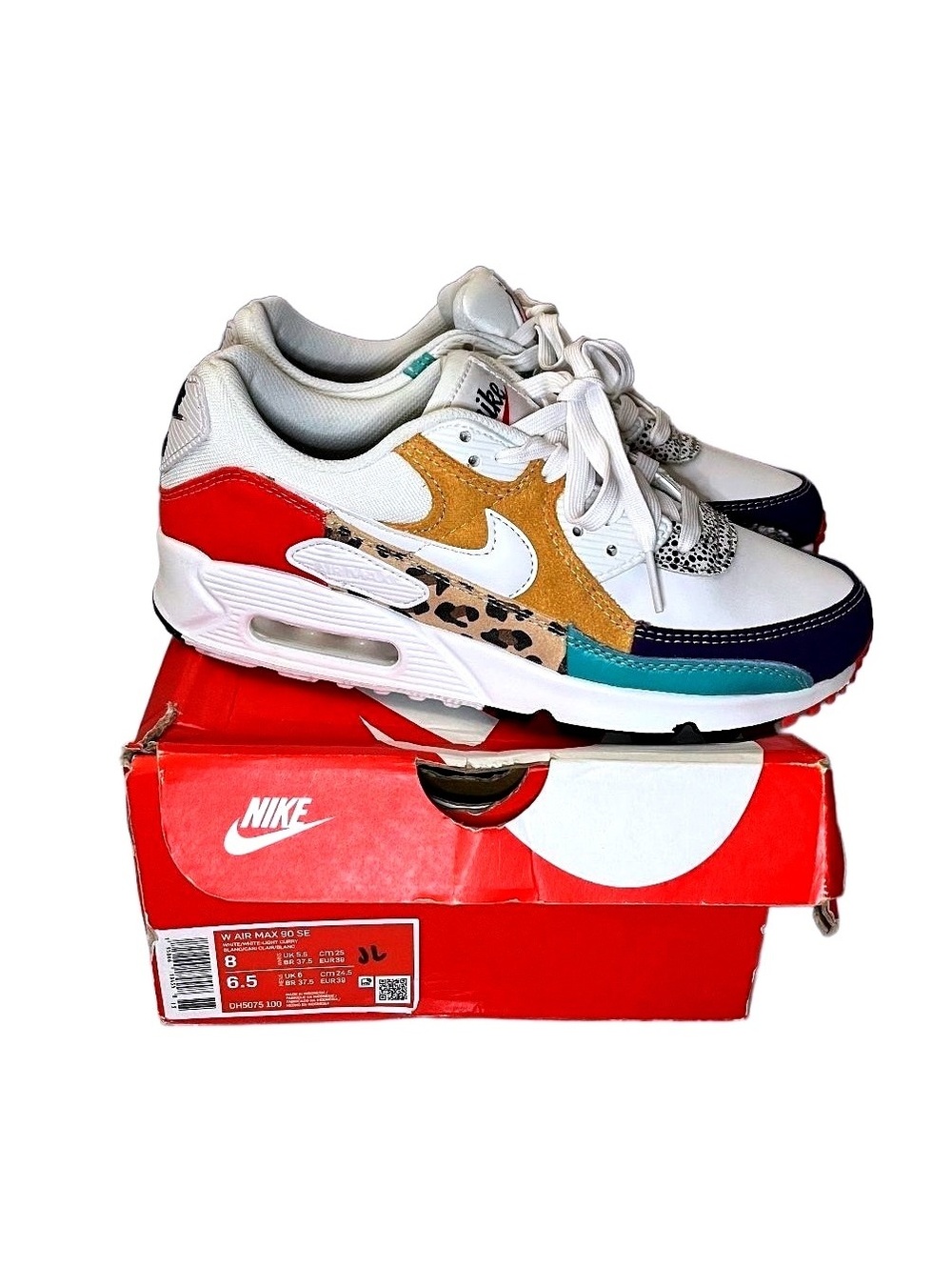 Nike Air Max 90 SE White Light Curry Leopard Print Size 8